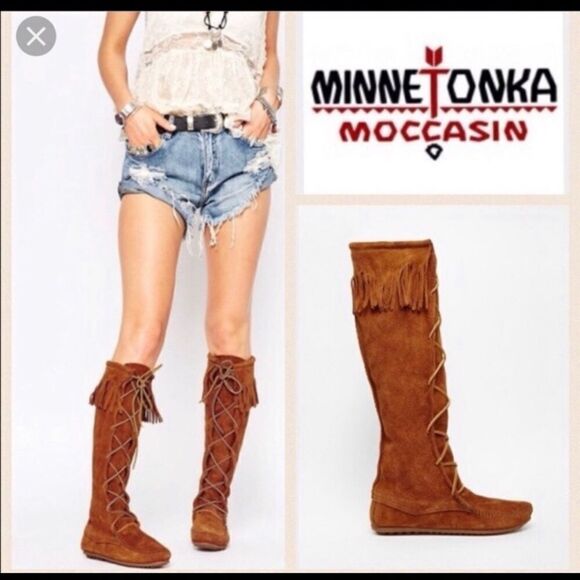 Minnetonka Vintage Fringe Tall Lace Boots Suede 10 Knee High Native Brown Tan - Picture 1 of 9